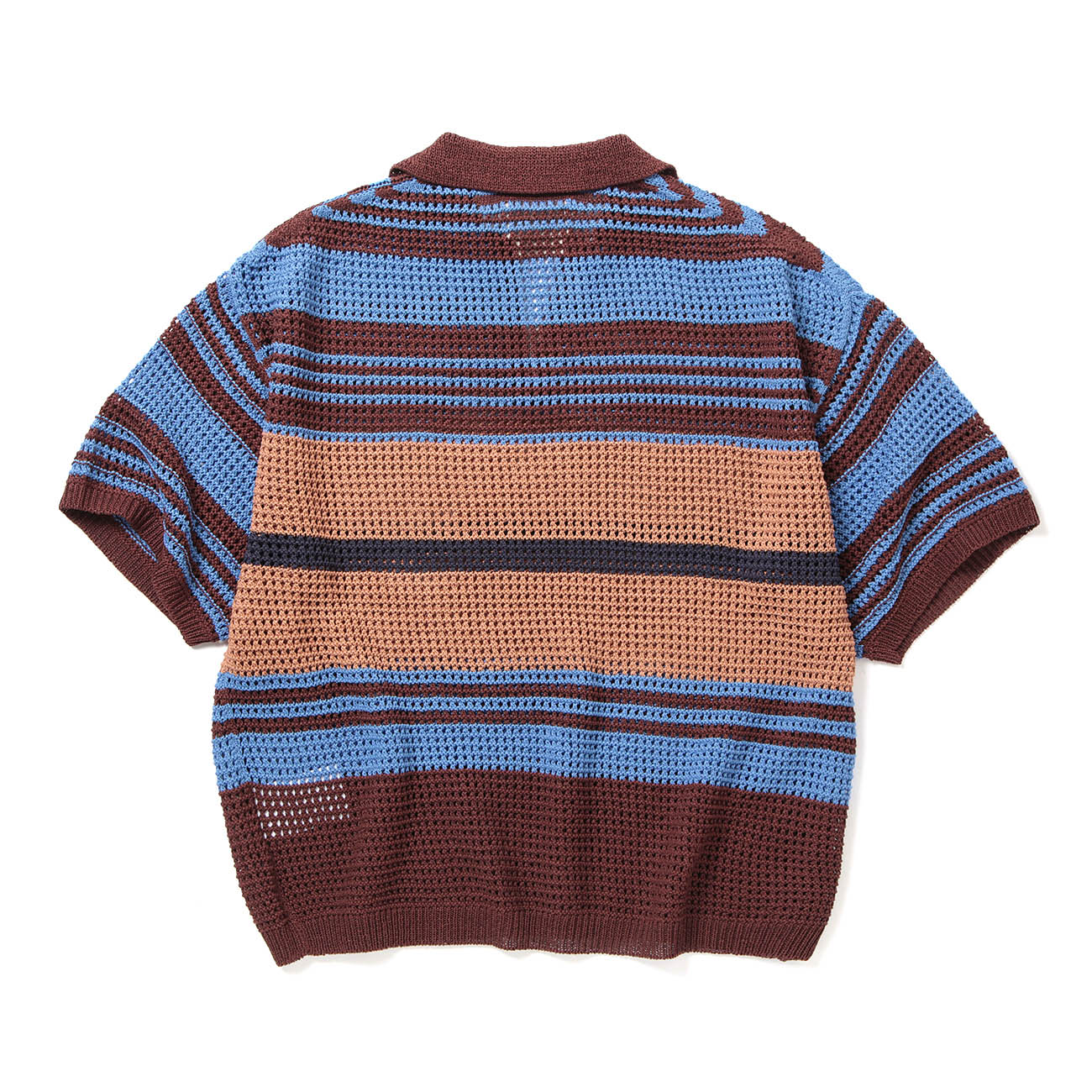 YOKE / ヨーク | BORDER MESH KNIT SKIPPER POLO SHIRT - Brown×Blue
