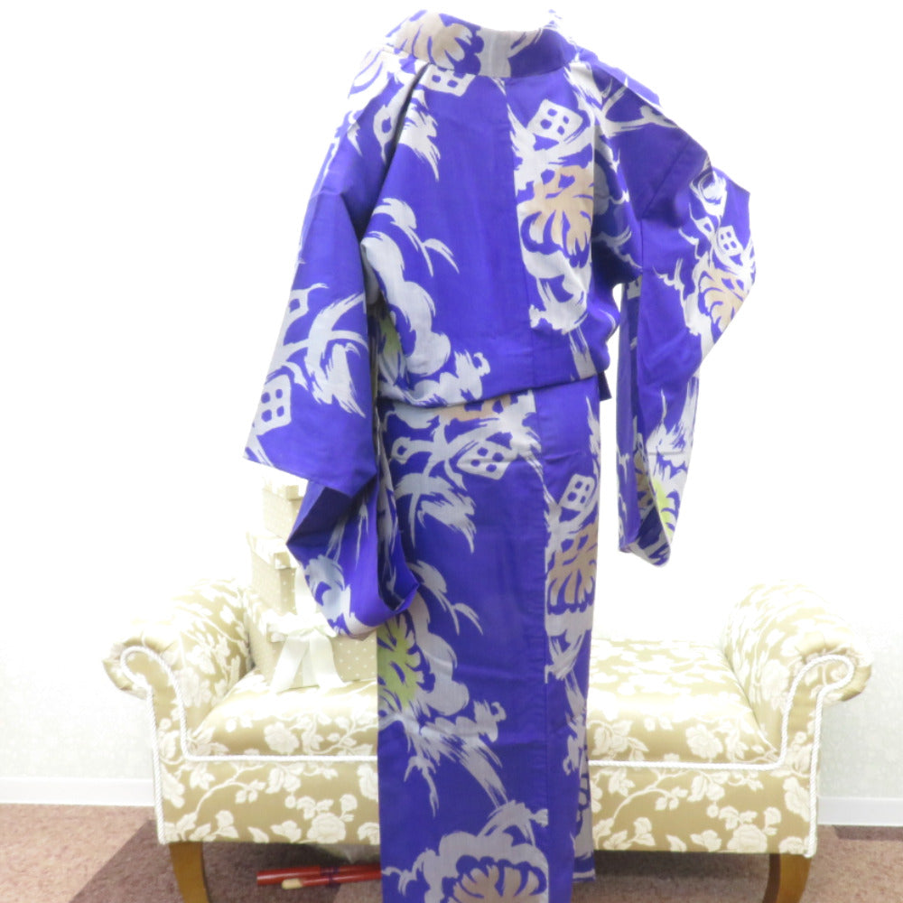 その他着物 アンティーク 単衣 紫 グレー 黄 茶 松 バチ衿 正絹 レトロ