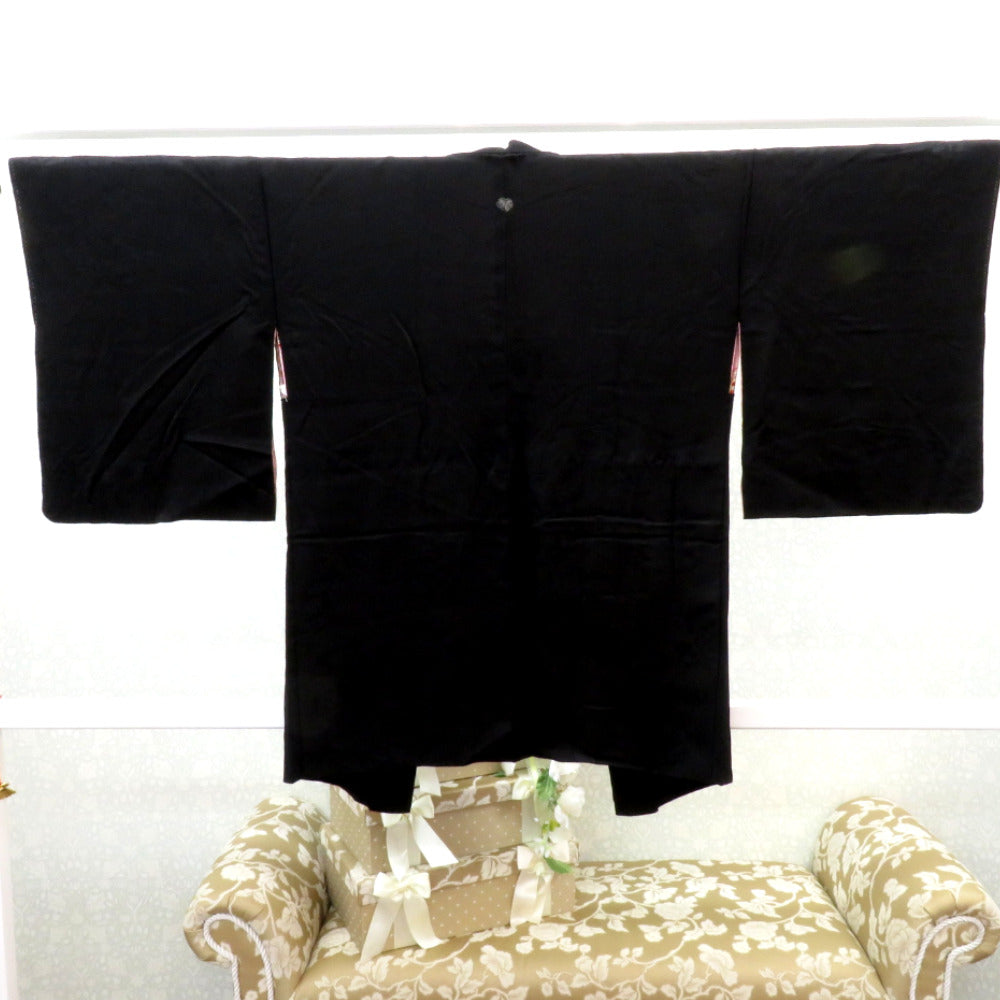 羽織 アンティーク 昔長羽織 正絹 黒 花々 地模様 昔 レトロモダン