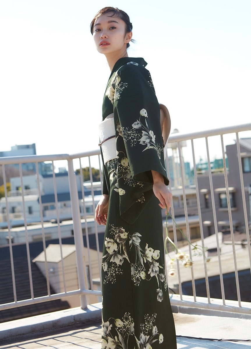 プチサイズS◇ノー皺加工最高級クールパス◇翡翠緑の花古典浴衣140