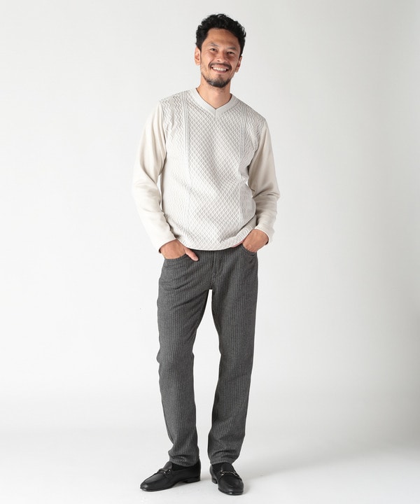 ニット×フェイクスエードVネックカットソー｜メンズファッション