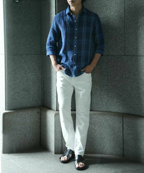 WEB限定】インディゴ染めチェック柄リネン7分袖シャツ｜メンズ