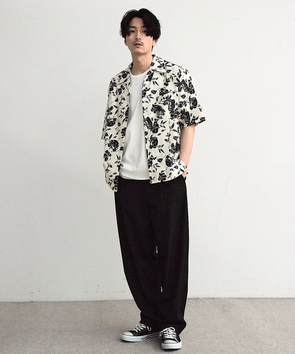 フラワー柄プリントブロードオープンカラー半袖シャツ｜メンズ
