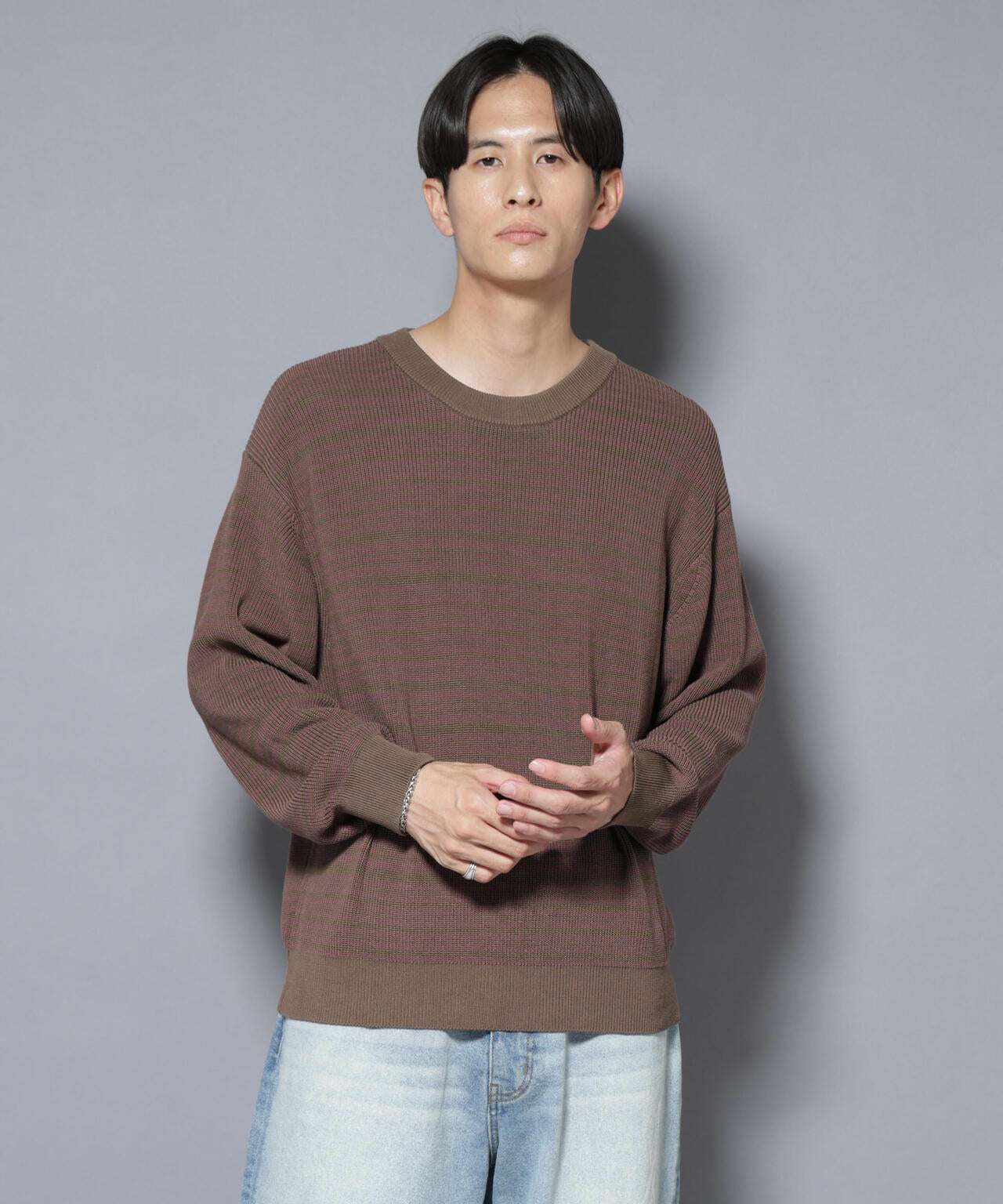 マーセライズコットン 畦ボーダークルーネックニット