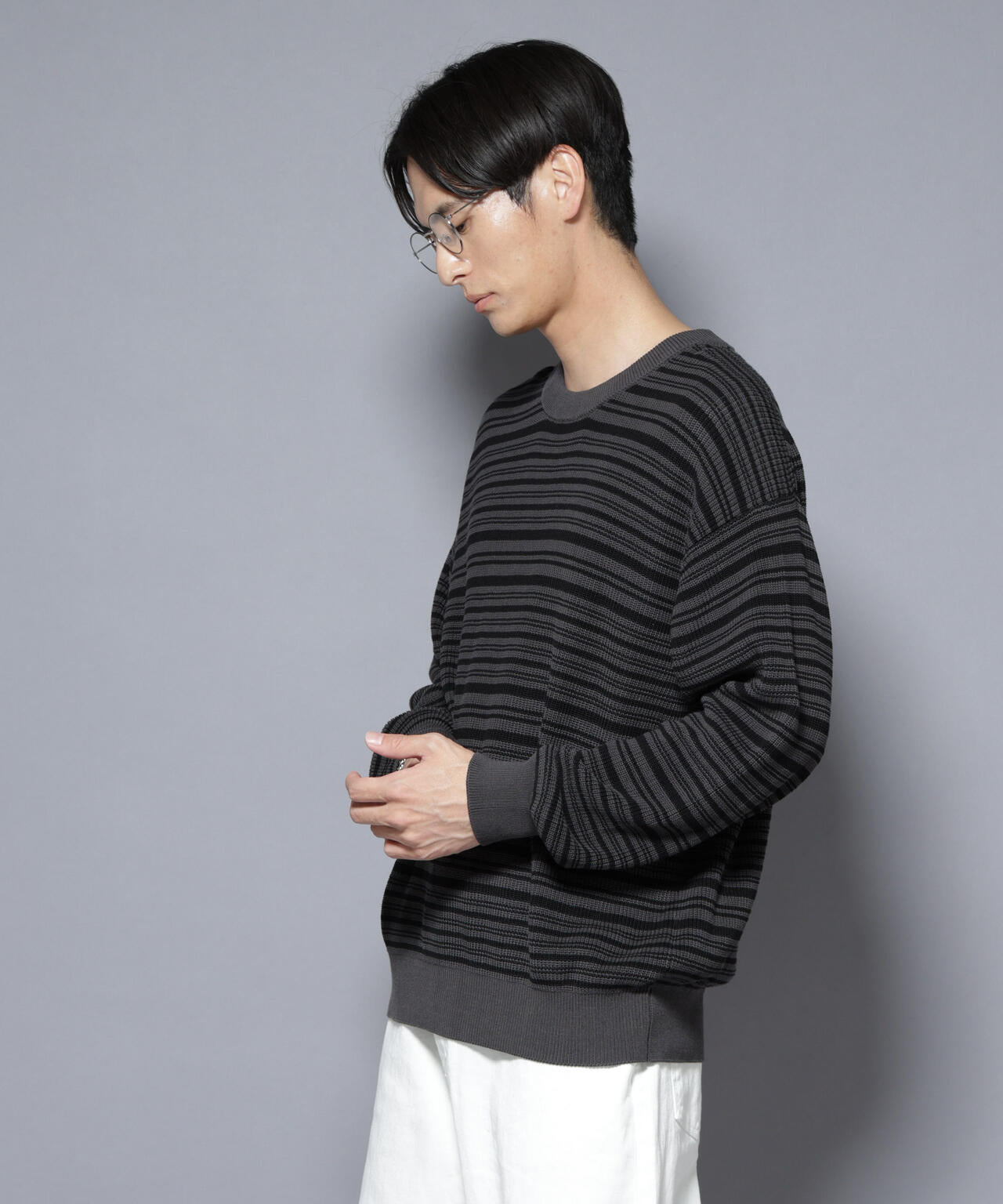 マーセライズコットン 畦ボーダークルーネックニット