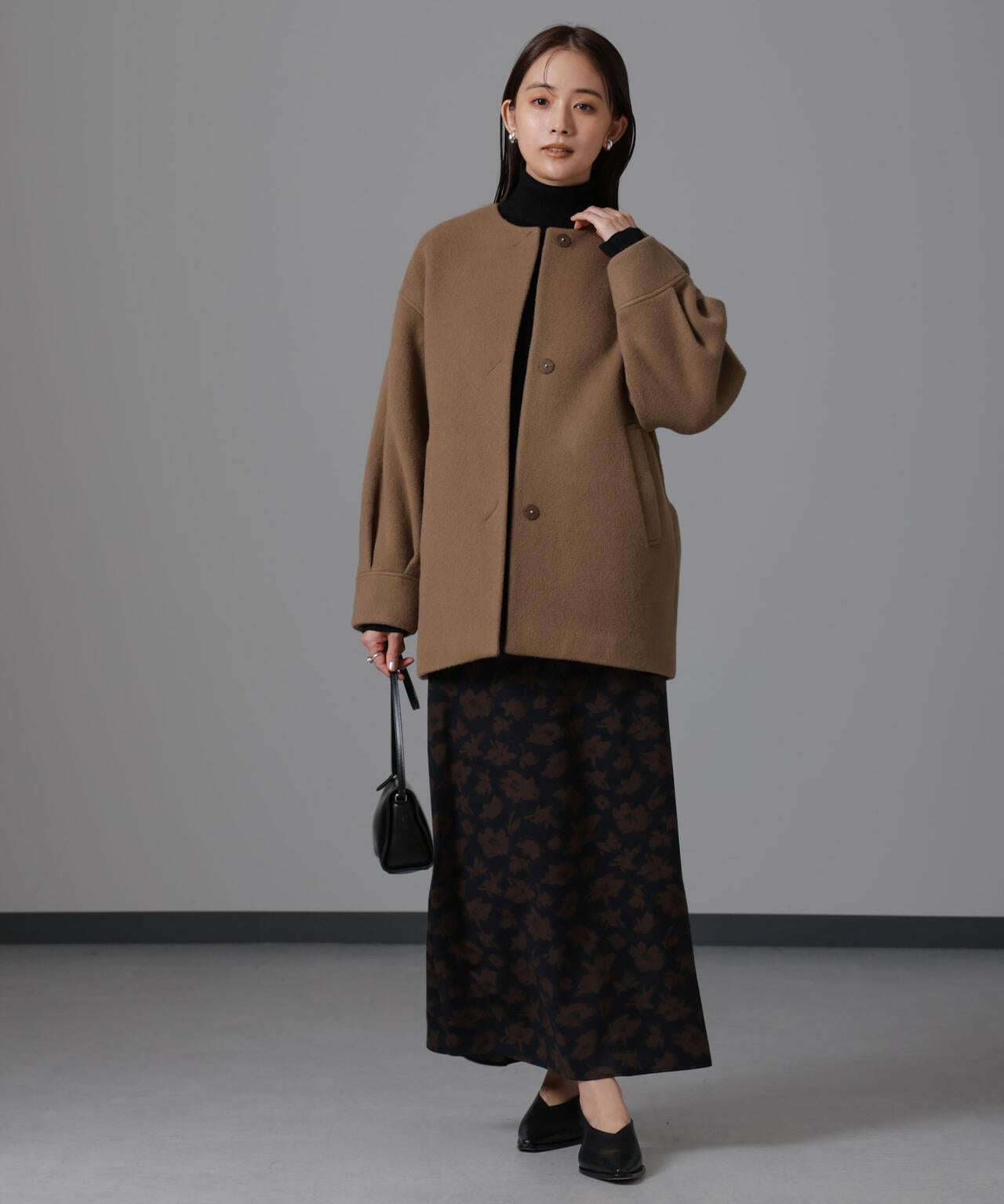 PECOLAMB ウール カシミヤ ノーカラー ミドル丈コート