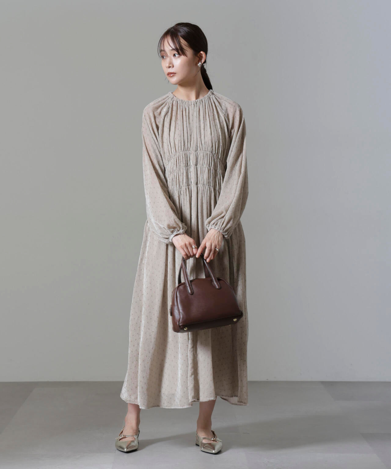 ストライプ ベロア ギャザー ワンピース