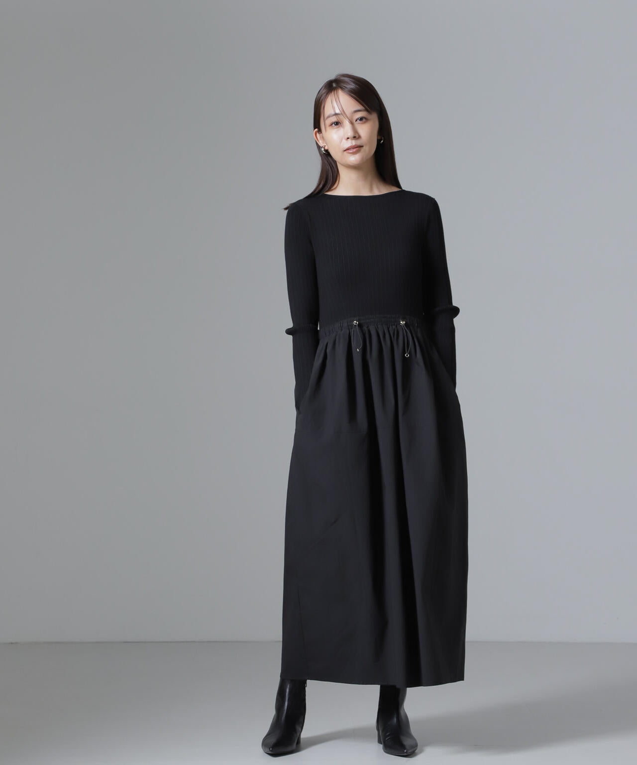 リブニット × タフタ ドッキング ワンピース