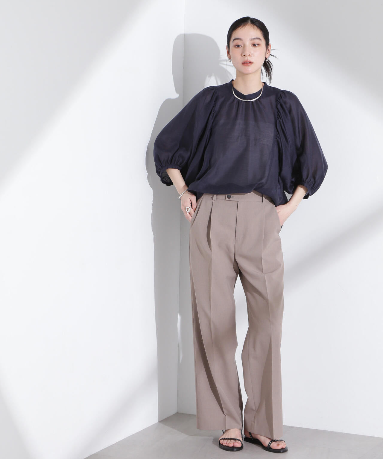 リネン混 シアー ボリュームスリーブ ブラウス