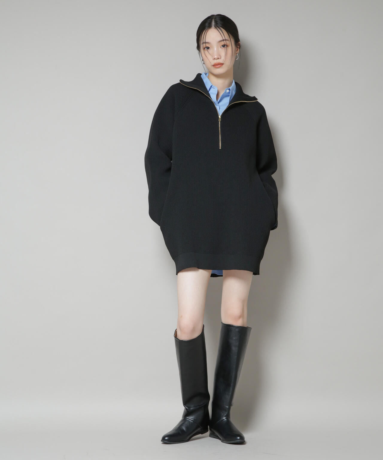 片畦 ニット ハーフジップ ミニワンピース