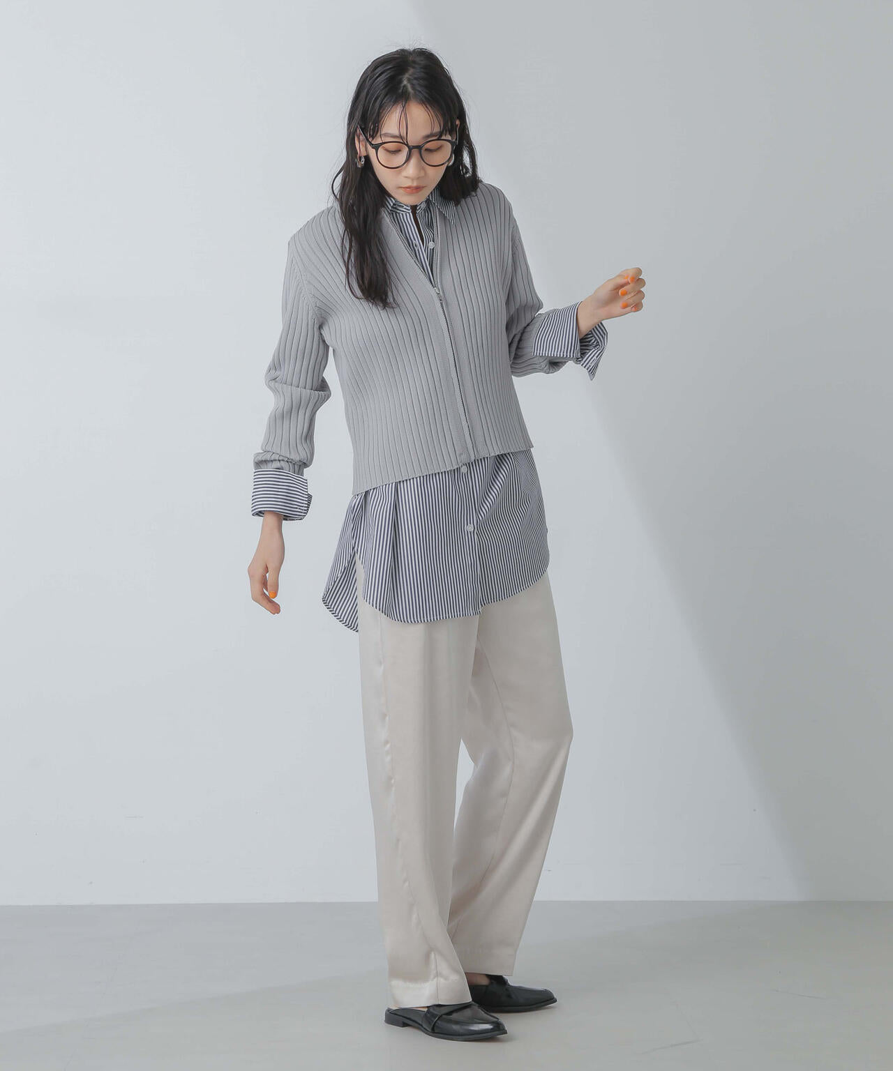 ジップアップ リブ ニット トップス