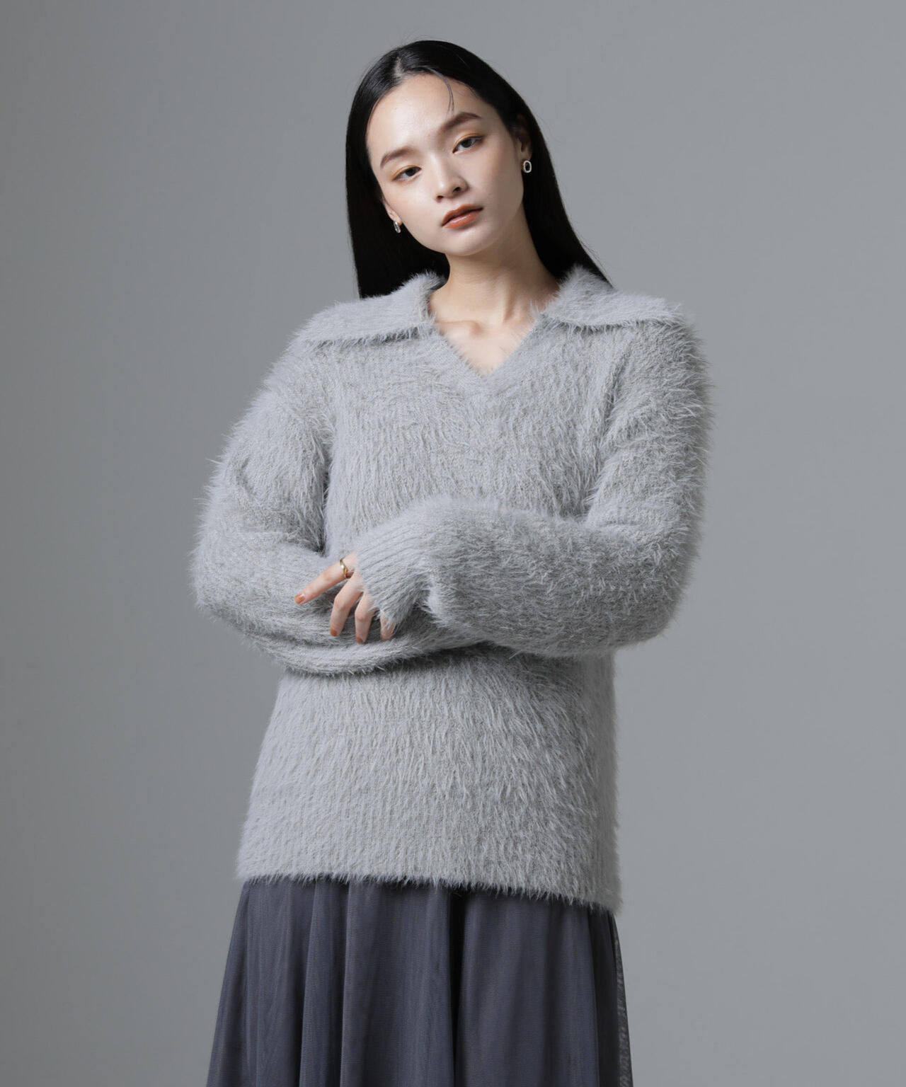 衿付き ヘアリー ニット プルオーバー