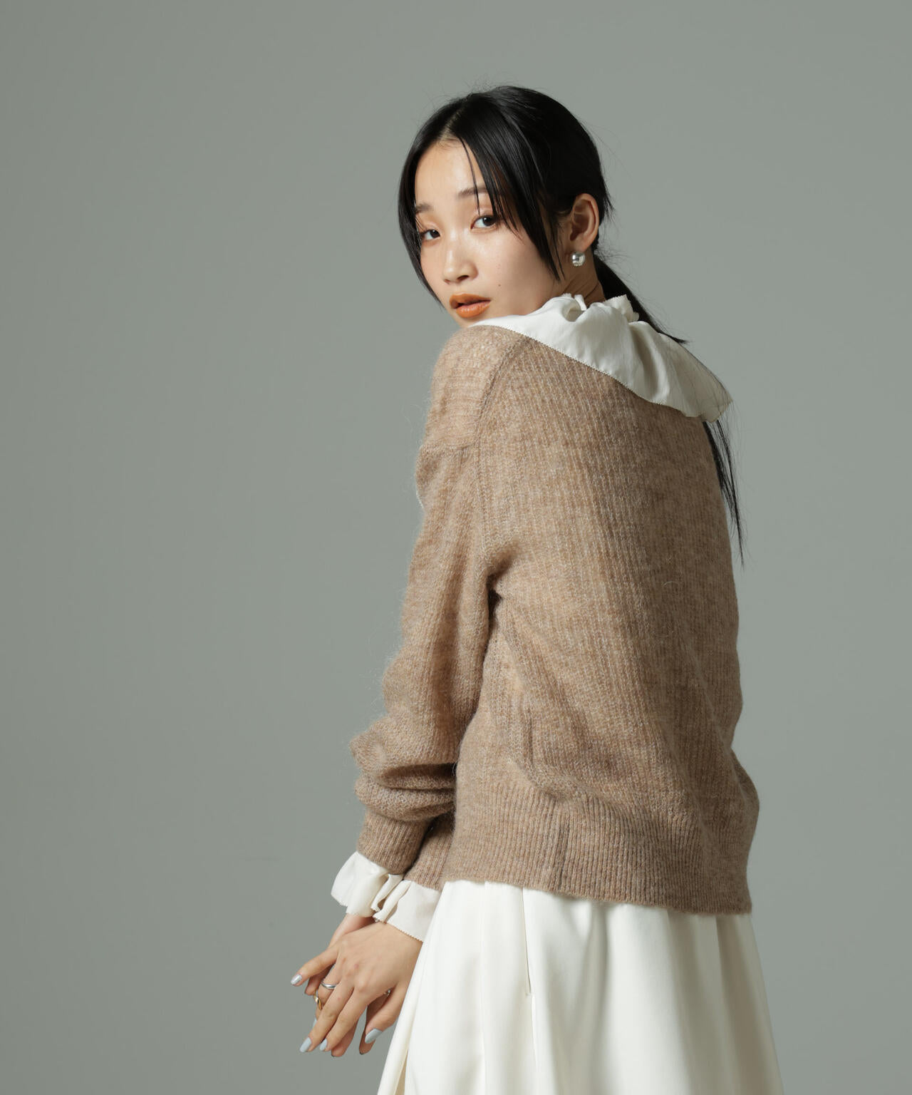 モヘヤ混 クルーネック ニット カーディガン ( セットアップ 可 )