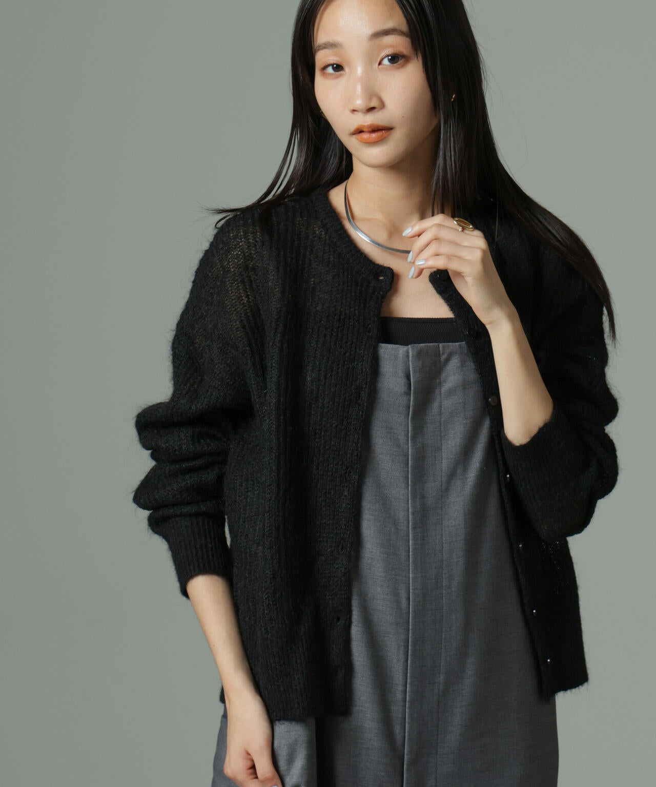 モヘヤ混 クルーネック ニット カーディガン ( セットアップ 可 )