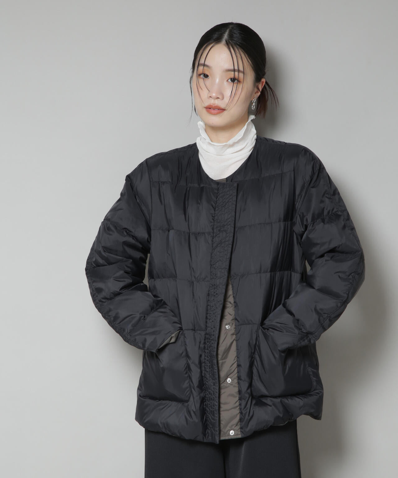 撥水加工 ライトダウン リバーシブル ノーカラージャケット