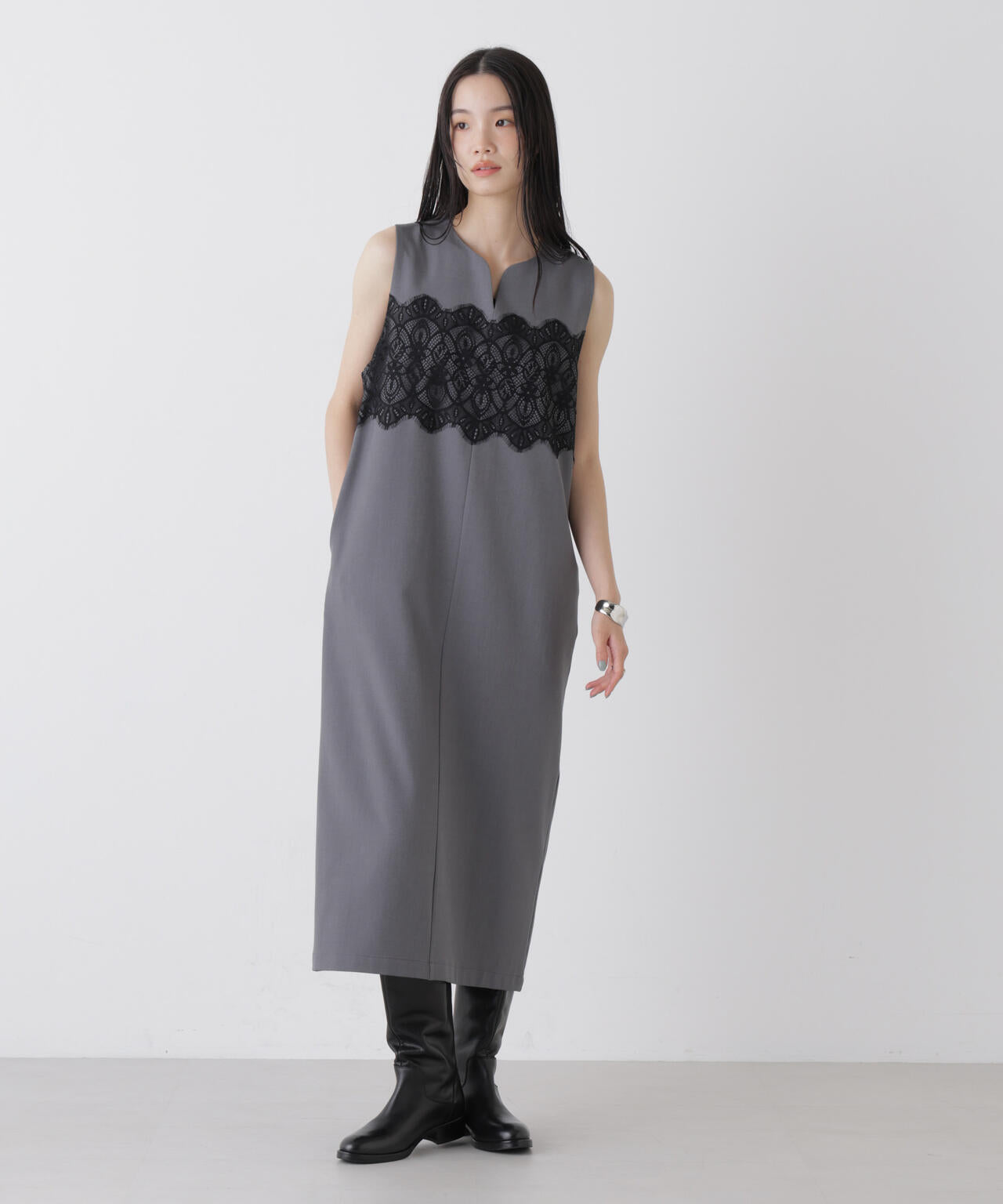 レース 切り替え ノースリーブワンピース