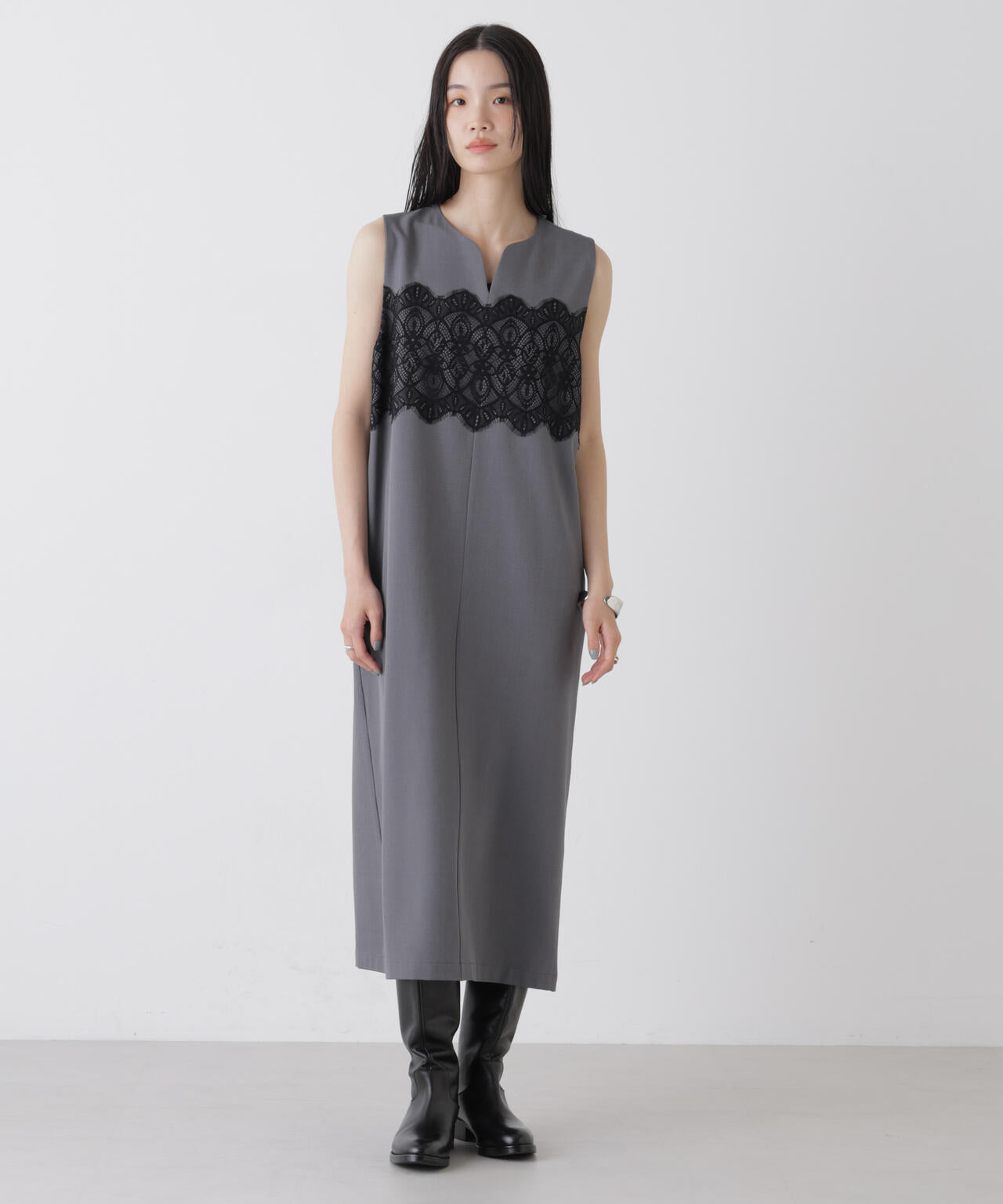 レース 切り替え ノースリーブワンピース