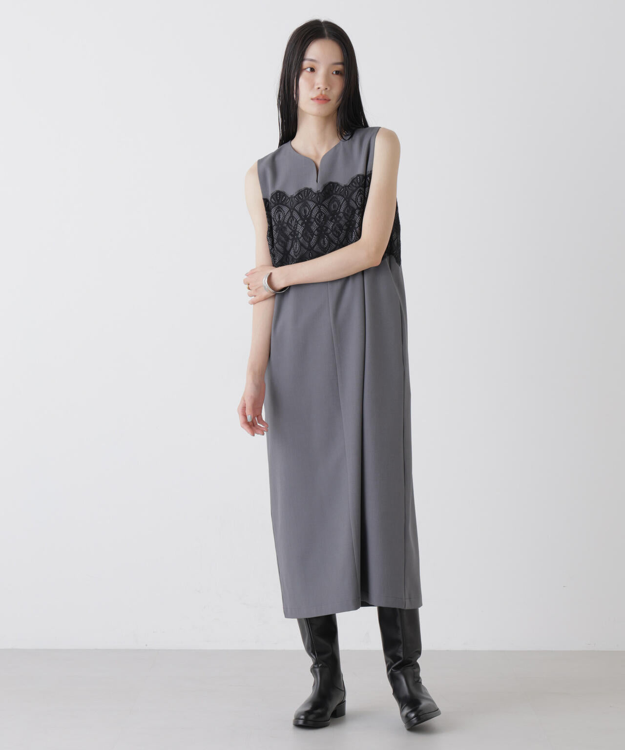 レース 切り替え ノースリーブワンピース