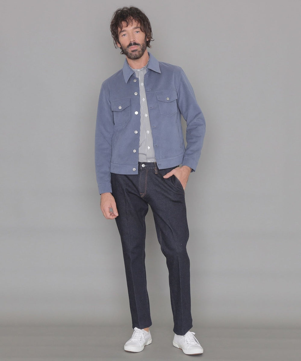 ストレッチタイプライターストライプバンドカラーシャツ(トップス