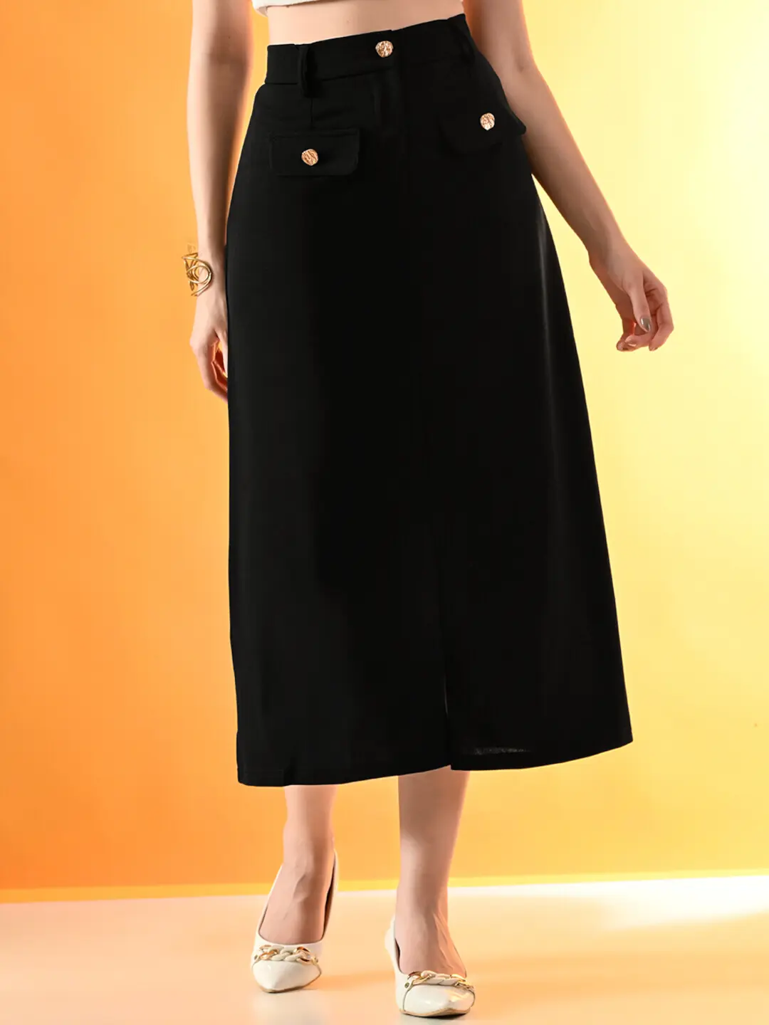 Black A-line Scuba Midi Skirt | ADFY-GIGASS-044 | Cilory.com
