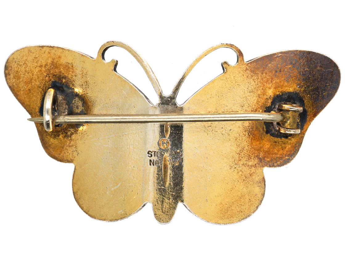 Norwegian Silver Gilt & Blue Enamel Butterfly Brooch by Ivar T
