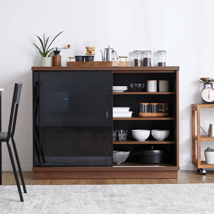 幅122] キッチンカウンター キッチン収納 ガラス扉 モイス付き 可動棚