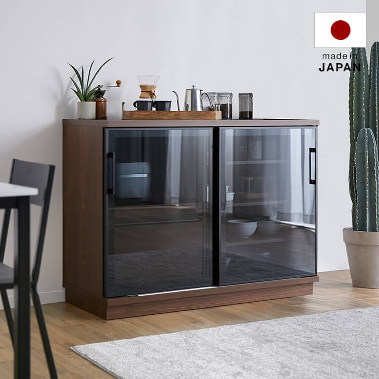 幅122] キッチンカウンター キッチン収納 ガラス扉 モイス付き 可動棚