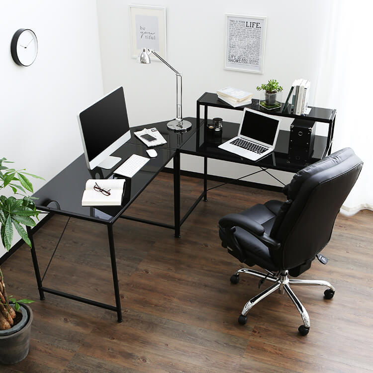 L字デスク(ホワイト/ブラック)レイアウト自由な分割可能タイプ。収納棚