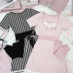 HONEY MEW ハニーミュウ アームカバー付きバックリボン千鳥ワンピース