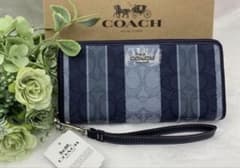 COACH 長財布 ネイビー/ブルー ストライプ - メルカリ