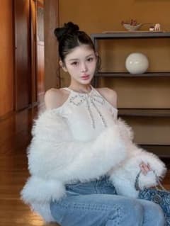 ダーリッチ Darich リボンビジューアメスリニットトップス 白 IVO