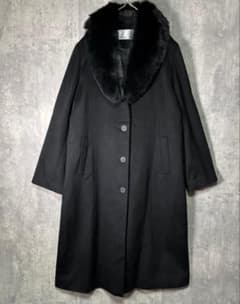 高級 カシミヤ 100％ ブルーフォックスファー ロングコート 黒 3L