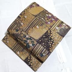 A5◇着物くつろぎ 桜に市松模様 金糸 黒 波 六通 正絹 フォーマルな