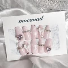 現品】ネイルチップ 量産型 ワンホン リボン 韓国 ピンク 千鳥柄 スナ