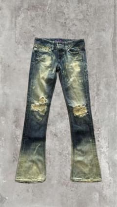 ダメージ加工ブーツカットデニム 平成ギャル 00s インディゴ 色褪せ