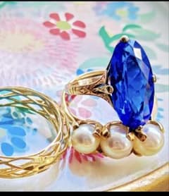 希少✨️戦前✧*。K18 合成サファイア 2色金 昭和ヴィンテージリング