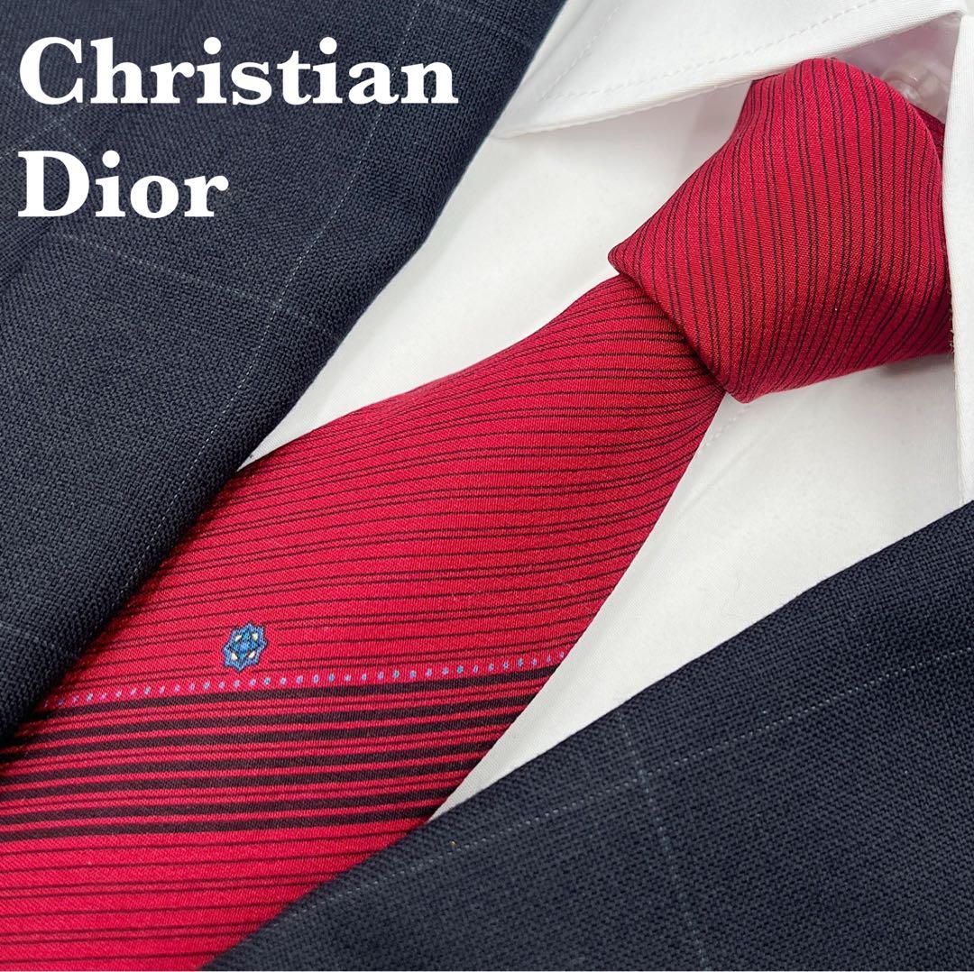 美品】クリスチャンディオール ネクタイ 赤系 ストライプ ハイブランド