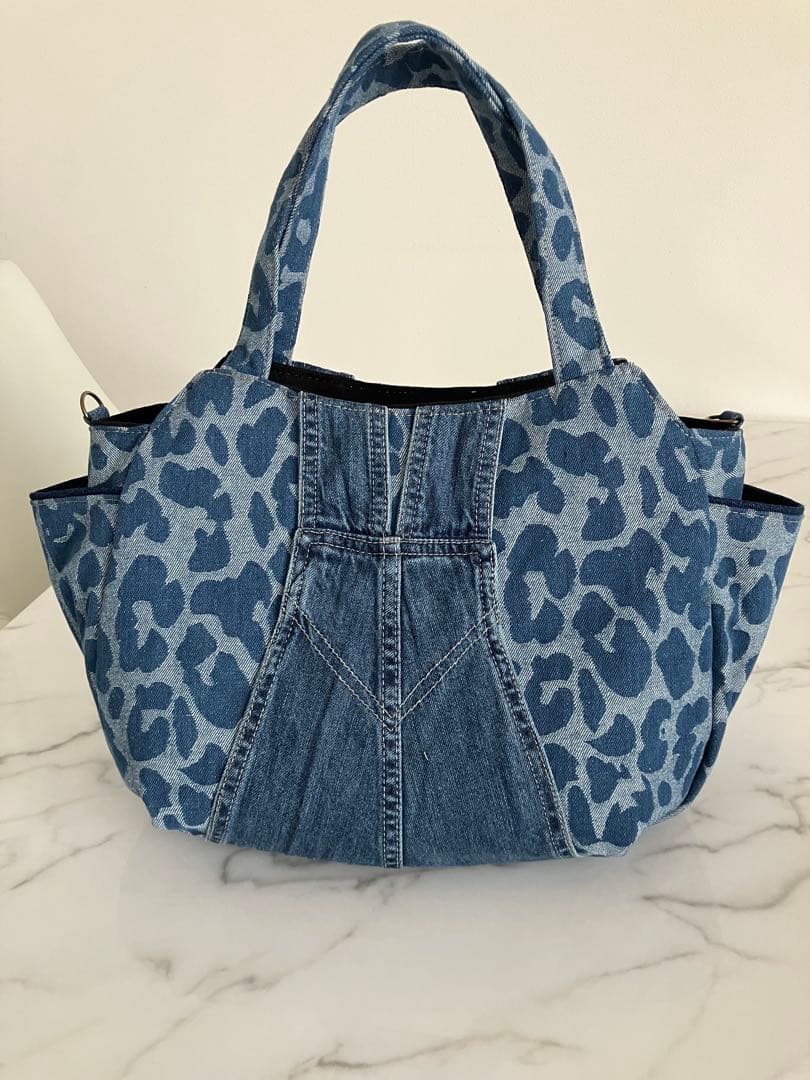 1068 大きめヒョウ柄デニムリメイクバック オーバーオールデニム