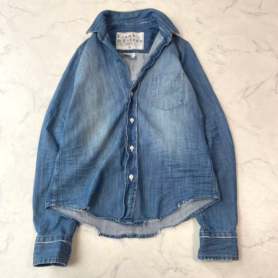 美品 フランク＆アイリーン BARRY デニムシャツ S ダメージ加工 ブルー