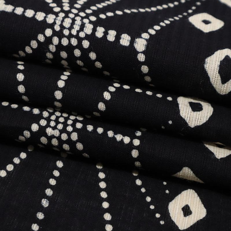 《源氏物語◇長尺『綿麻』夏着物■小紋◆鹿の子柄麻の葉の柄縞■黒地◆UB7-22》