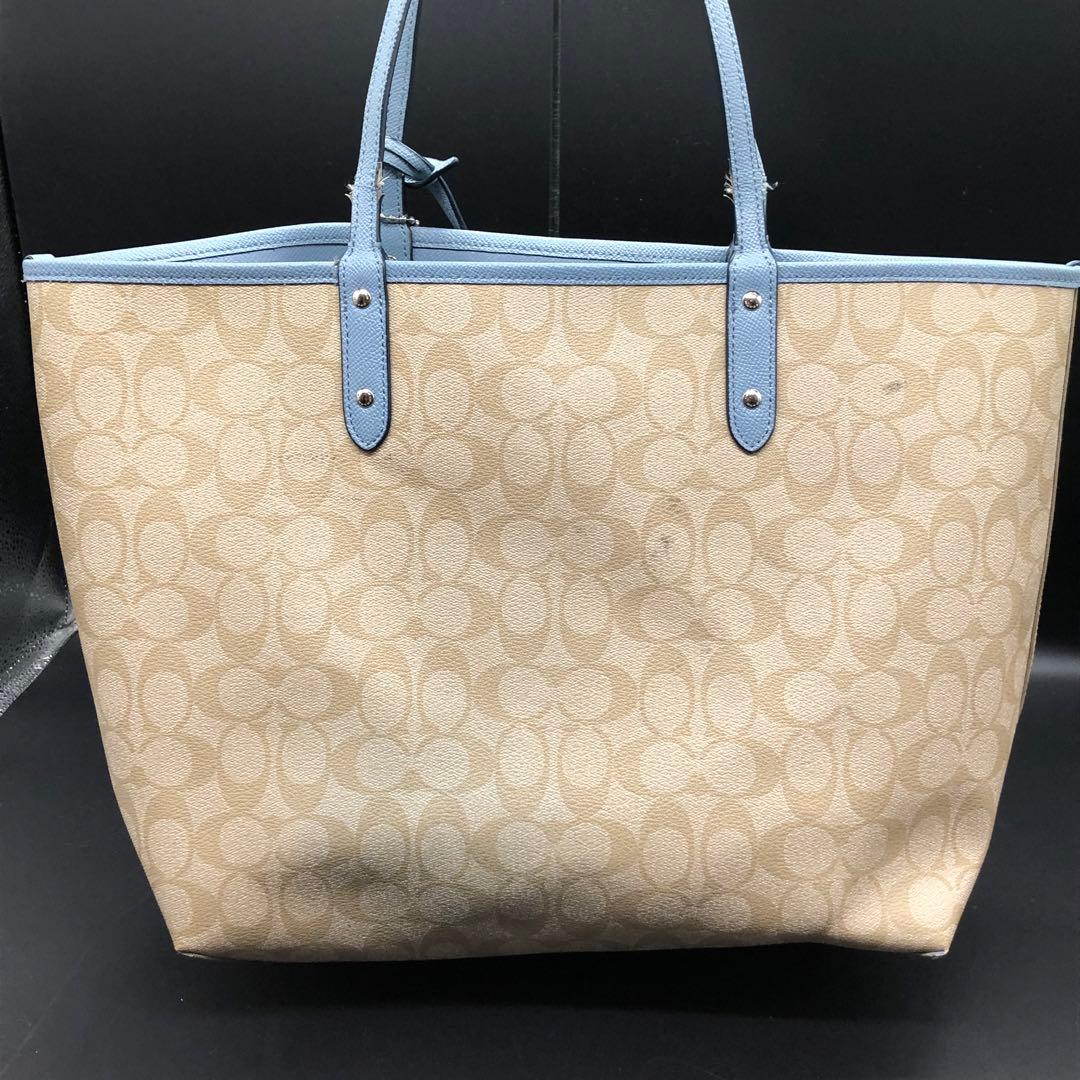 COACH リバーシブルトートバッグ シグネチャー柄 ベージュ 水色 コーチ