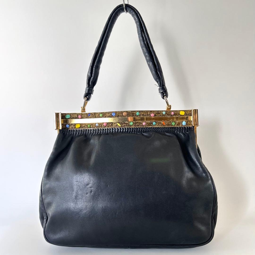 濱野皮革工藝 サンピエトロ 本革 天然石 がま口 ハンドバッグ ハマノ