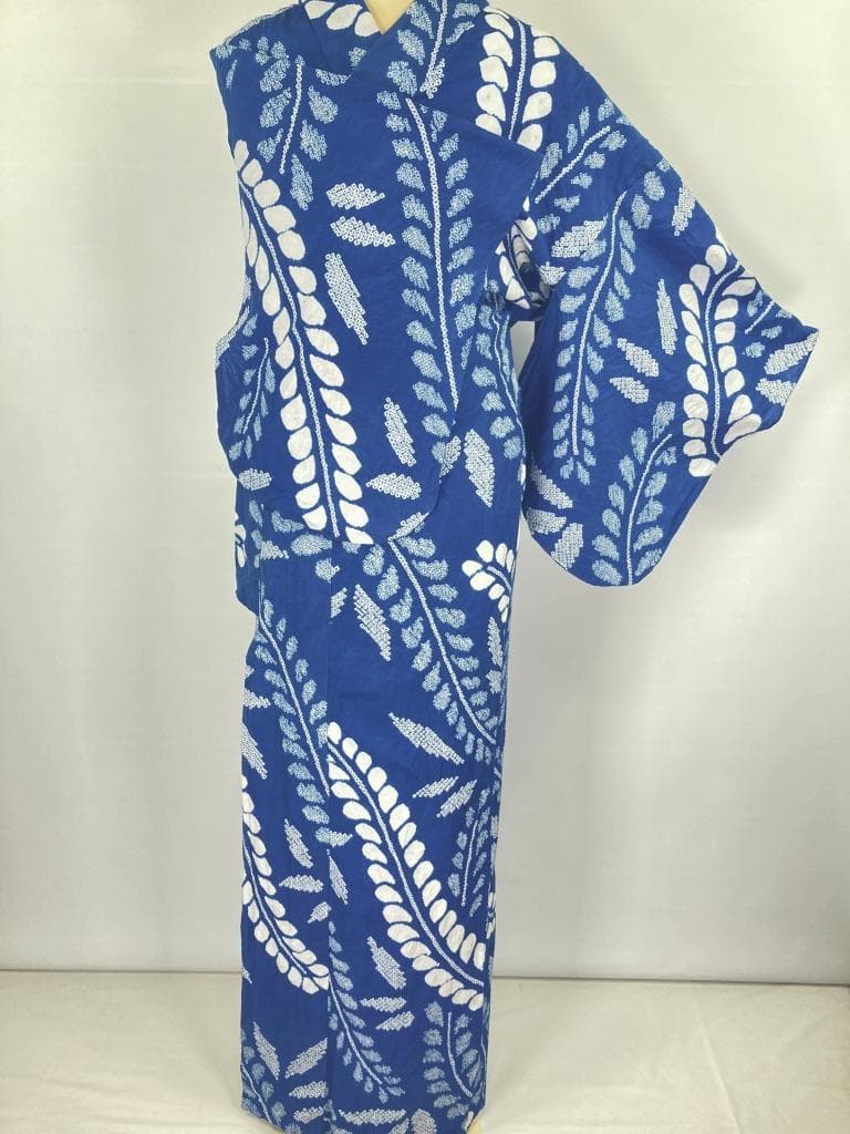 有松絞り【浴衣】希少品 藤の花 綿 夏着物 有松鳴海絞り 青 白 ブルー