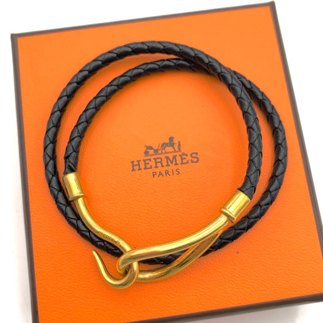 エルメス ジャンボ チョーカー 編み込み2連 ブレス ゴールド 黒 レザー