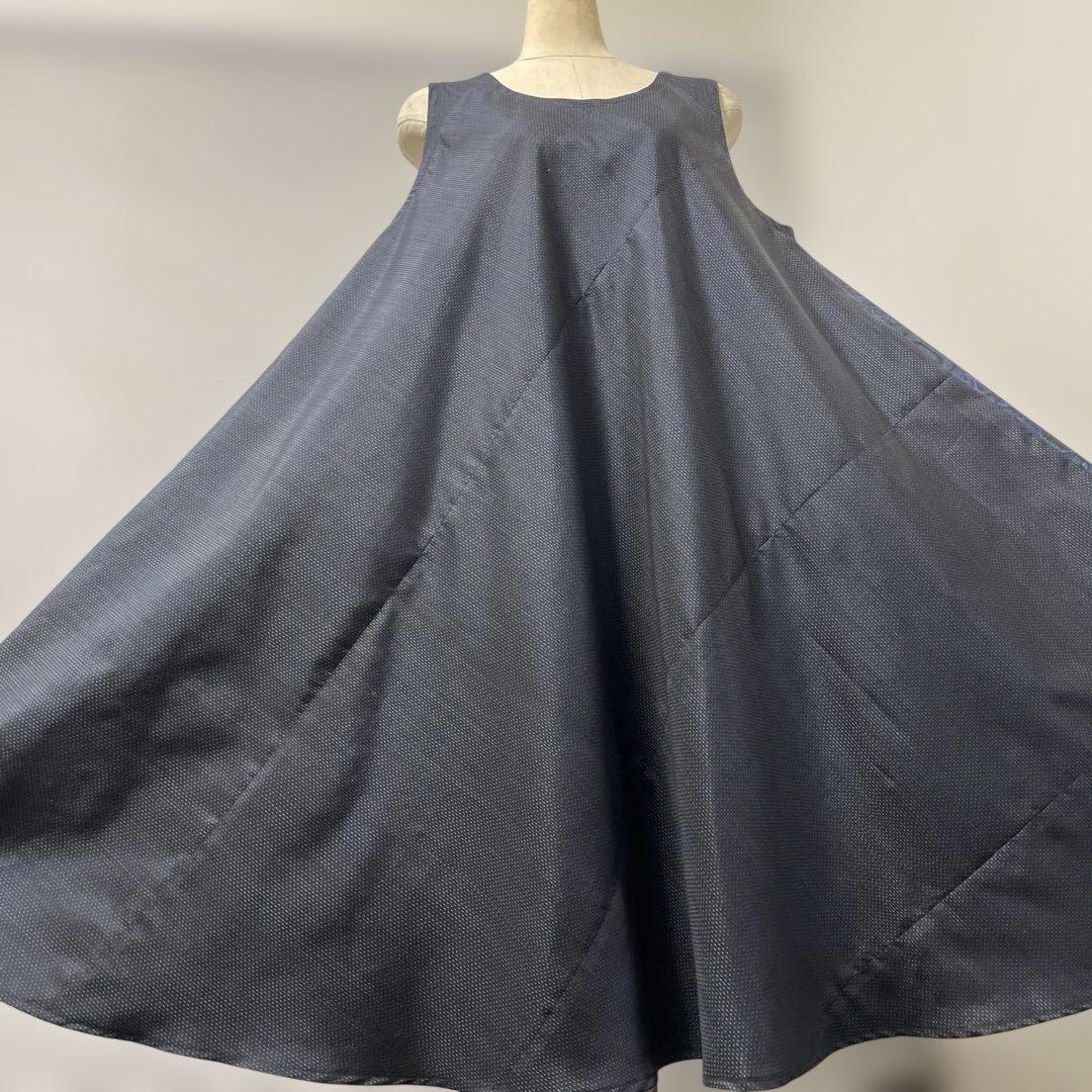 着物ワンピーステントラインロング丈《13》大島紬(証紙付き)等L〜［紺系］