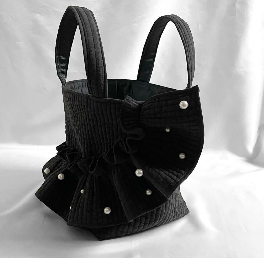 新作♡ヌビバッグ フリルギャザー ブラック パール 底板マグネット付き