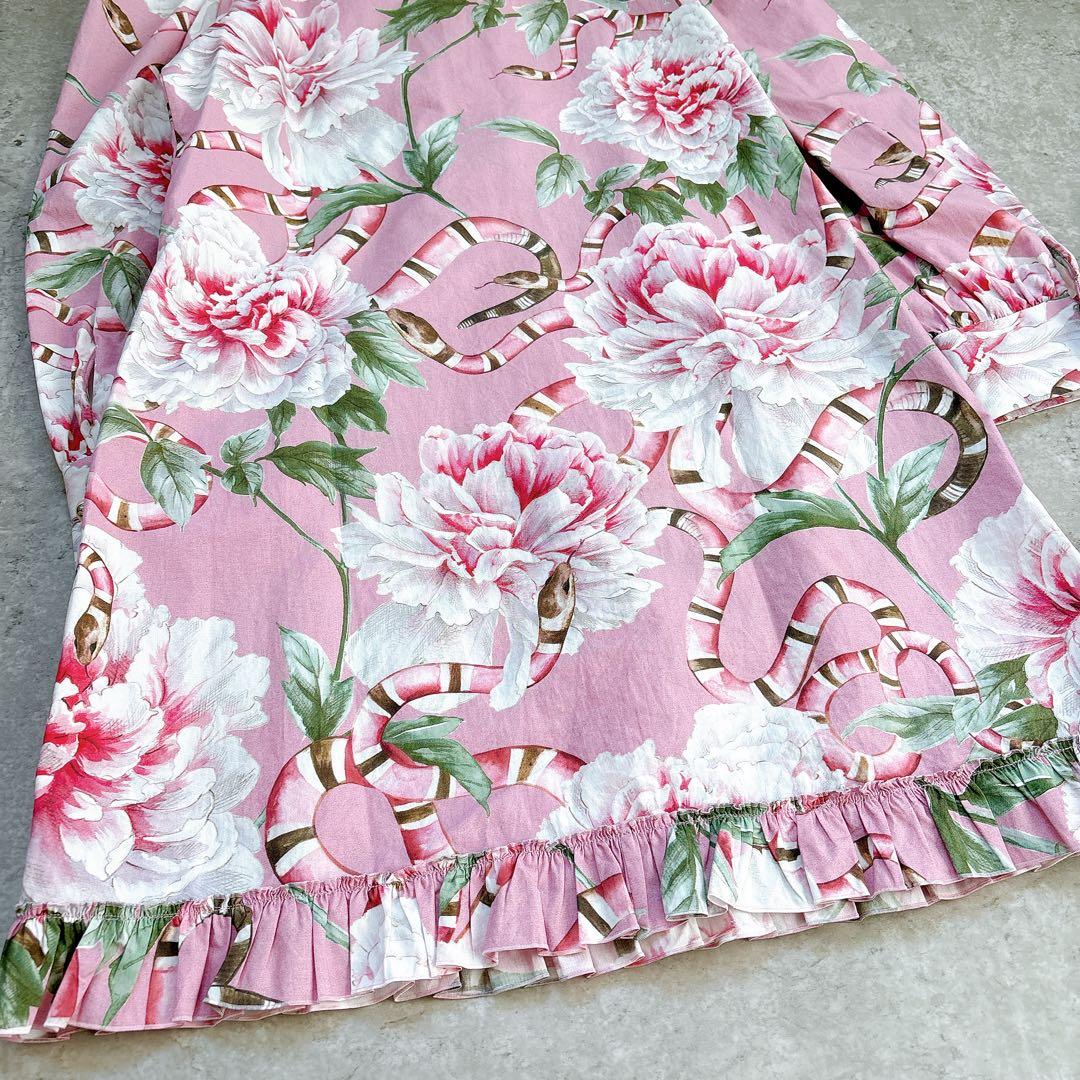 美品✨GUCCI 花柄×スネーク フリル リボンシャツワンピース ミニ ブラウス
