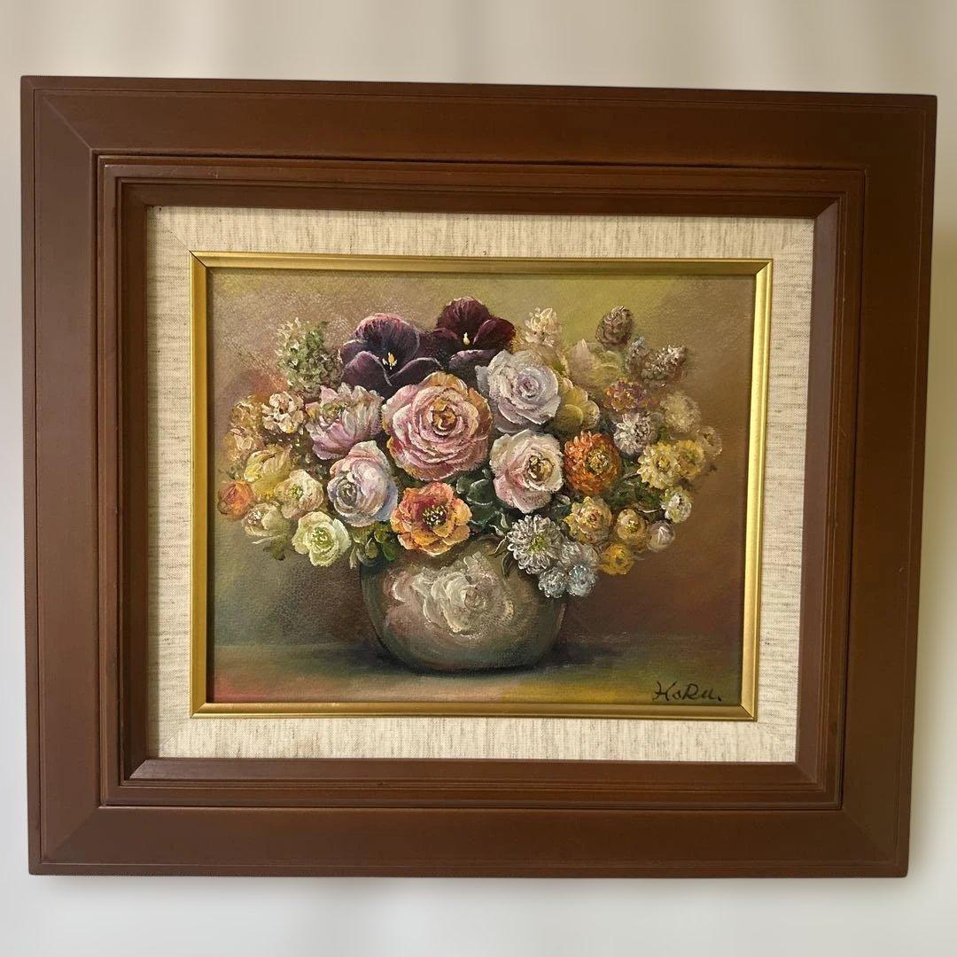 肉筆　真作　絵画　花瓶の薔薇の油彩画　美術品　ア-ト　インテリア　静物画 絵画 油絵 ばら（ピンクのバラ） （岡島哲夫） 【肉筆】【油絵】【花