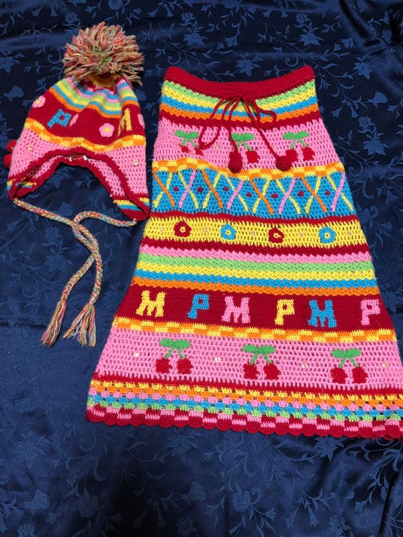 カラフル編み物スカートと帽子セット（ペチコート付） ベビー 編み物 キット さくら模様のジャンバースカートと帽子とネック