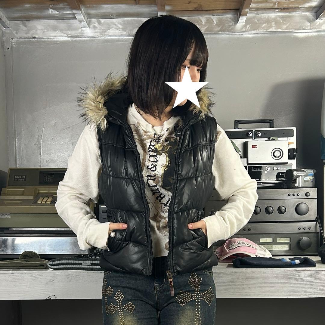 y2k フェアリー グランジ パンク 古着 黒 ダウンベスト ファー フード
